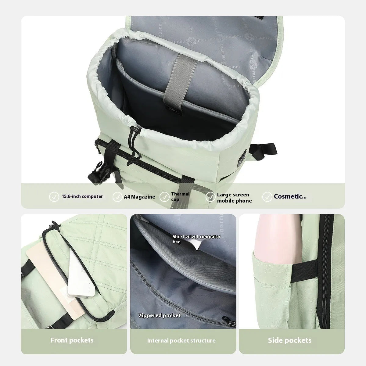 Light green schoolgirl travel backpack showing laptop compartment and organisational pockets