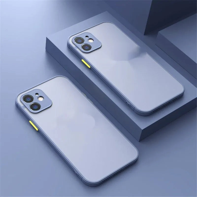 Frosted magnetic iPhone case for MagSafe charging on a table, showing colour options.