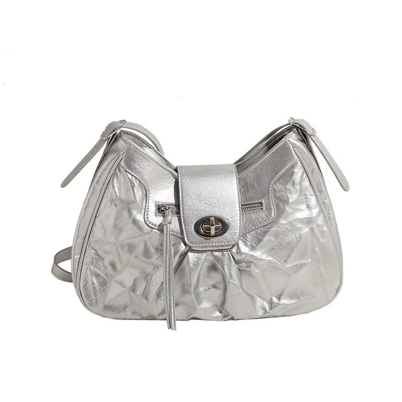 Women's PU crossbody bag, horizontal square, 30cm x 26cm x 13cm, single strap, black silver or white.