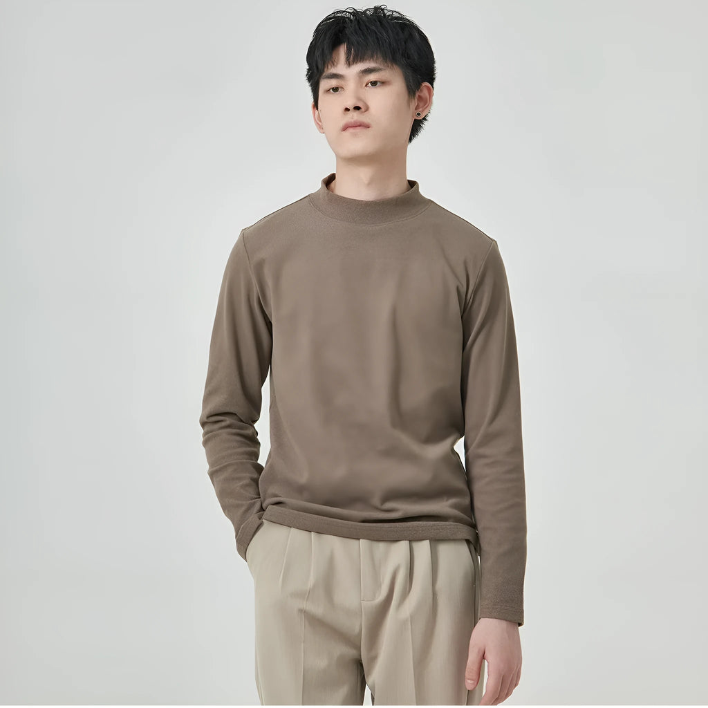 Men's half-high collar long sleeve t-shirt in brown solid colour