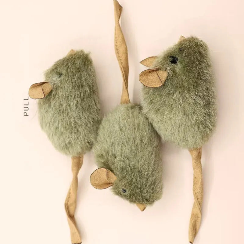 Plush mouse cat toy with tail, flannel surface and lanyard for interactive chirping play