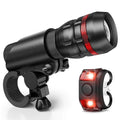 Bicycle headlights and taillights set showing a white front light, red rear light, and a handlebar mounting bracket.