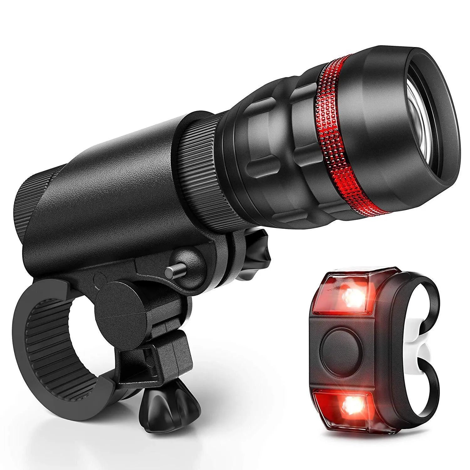 Bicycle headlights and taillights set showing a white front light, red rear light, and a handlebar mounting bracket.
