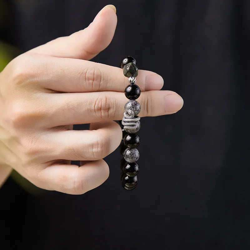 Men's S925 sterling silver bracelet with obsidian stone and retro snake design