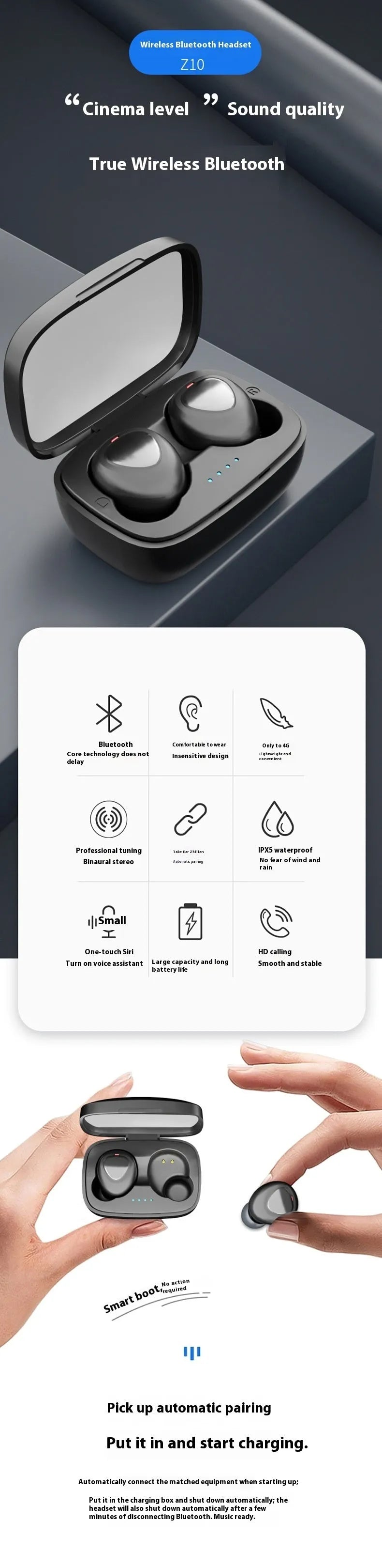 Bluetooth TWS sports mini wireless headset in black boxed packaging, ABS earplug style