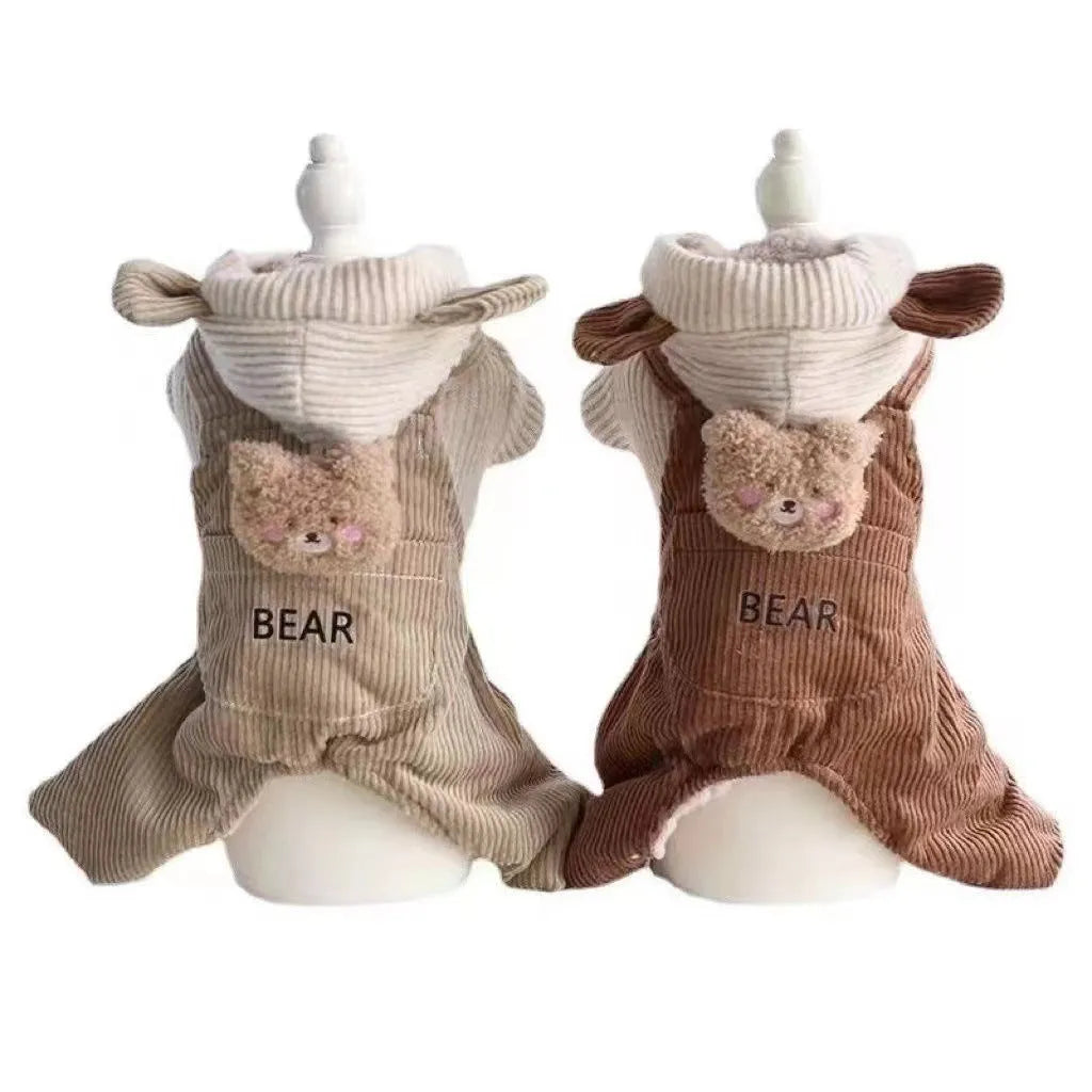 Dog wearing fleece-lined thick style four-legged overalls in light brown polyester fabric
