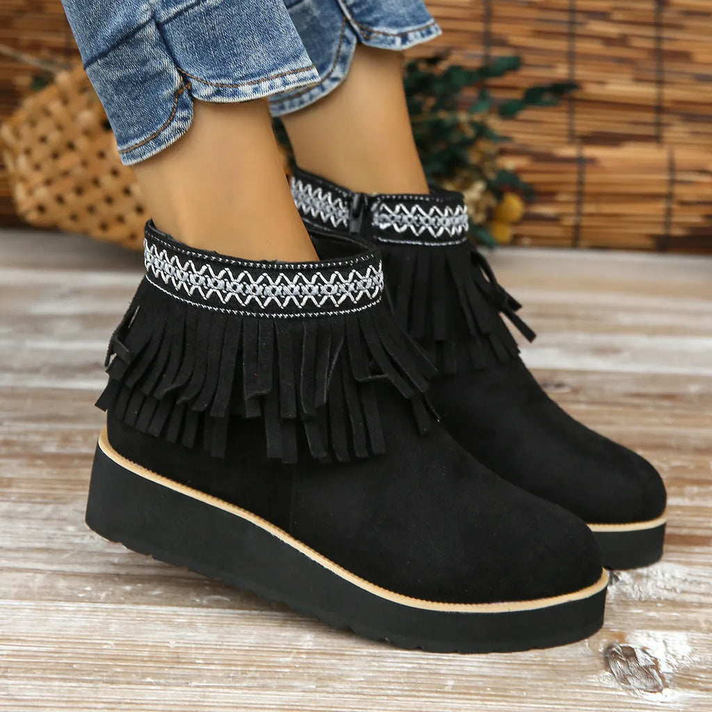Women's suede wedge ankle boots in dark brown with a side zipper and thick rubber sole.