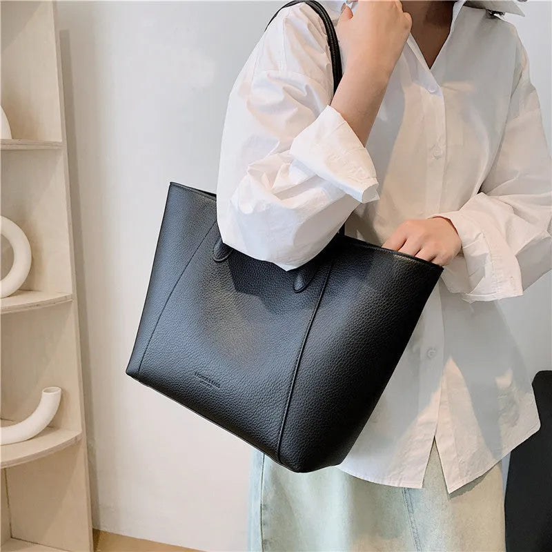 Soft PU leather bucket tote bag in black brown coffee or khaki with sandwich pocket and zipper change bag