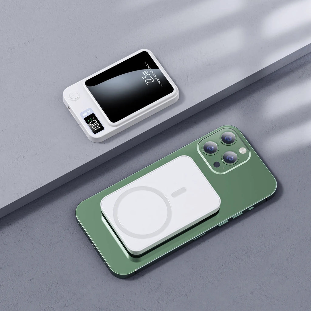 Magsafe wireless power bank in industrial style with plastic shell showing black, green, purple and white colour options