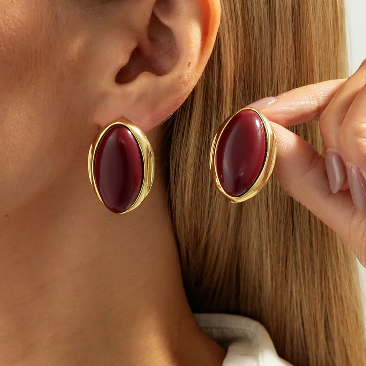 French retro court oval gemstone earrings in electroplated gold with alloy and resin construction