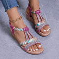 Womens bohemian wedge peep toe sandals in gold with elastic slip-on and PU sole