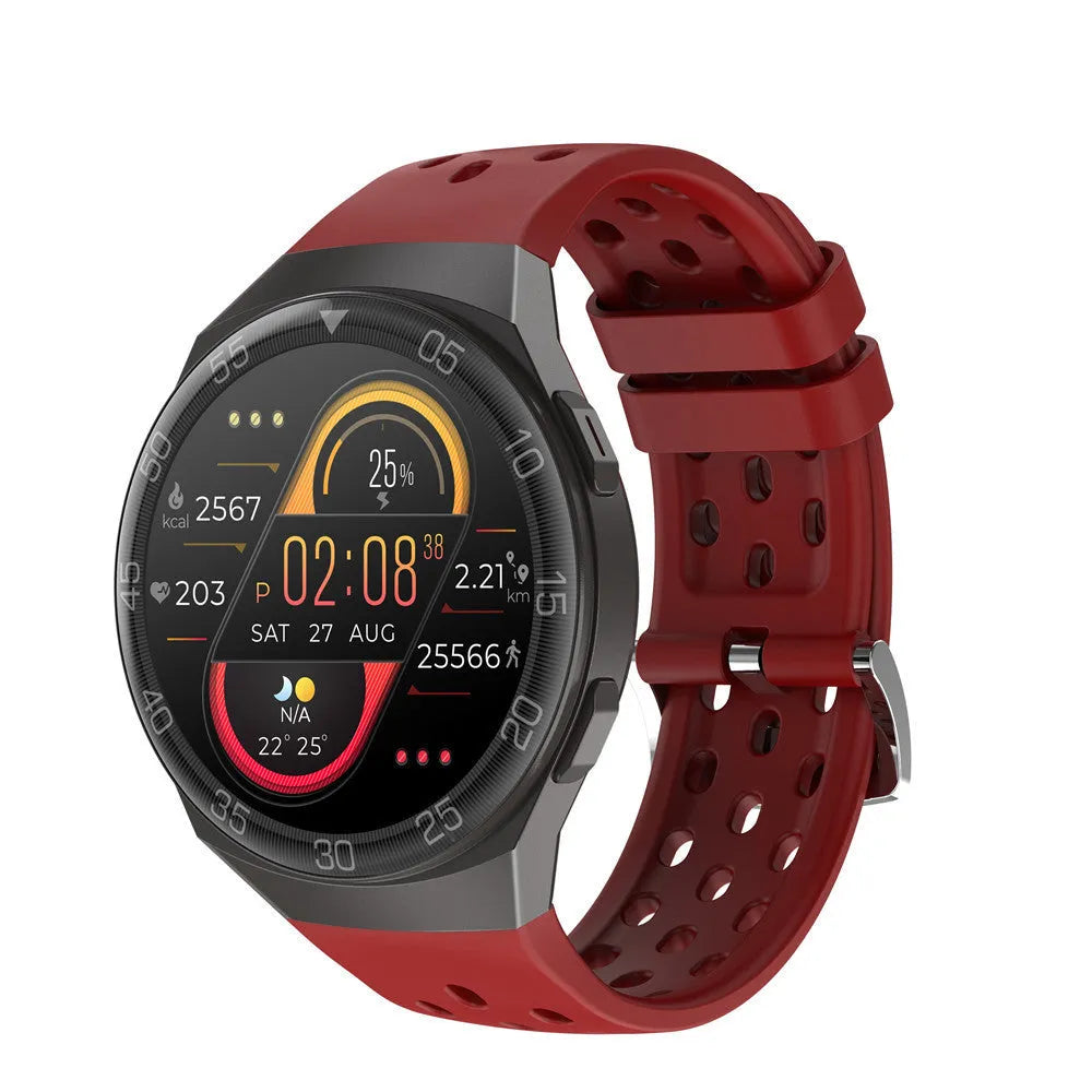 Smart watch with 1.28-inch HD screen, TPU strap, zinc alloy frame, IP68 waterproof, available in black, red, green.