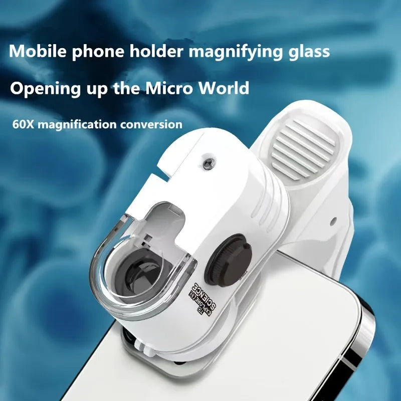 Mini mobile phone microscope with 60x magnification and LED light attached to smartphone
