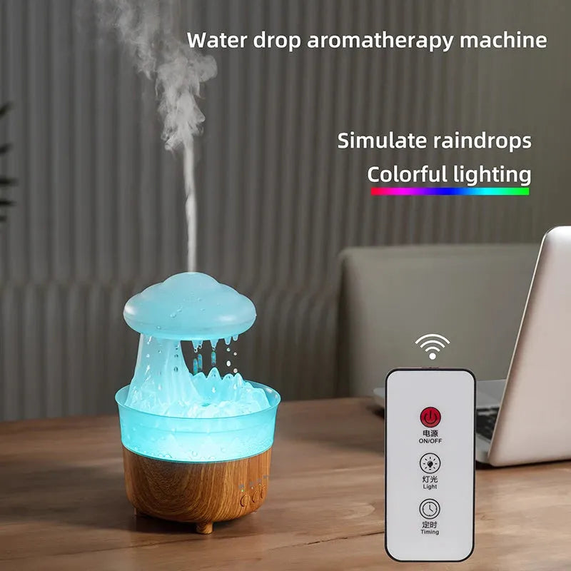 Wood grain rain cloud shaped ultrasonic humidifier and essential oil diffuser with coloured LED lights.