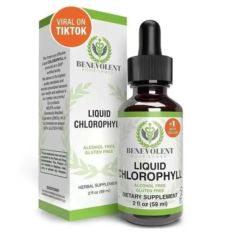 60 ml bottle of green chlorophyll liquid drops for adult dietary supplementation