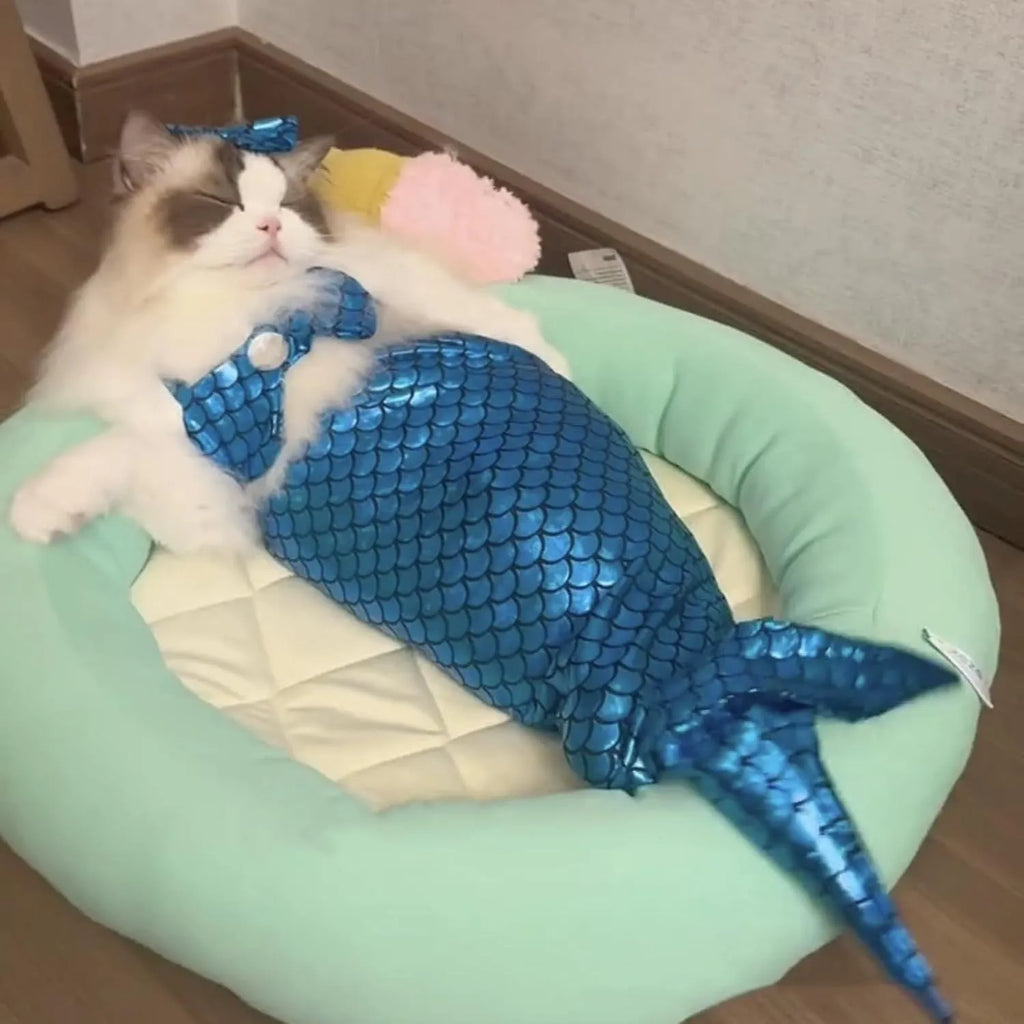 Blue mermaid costume with scale design on a cat, showing elastic fit and long fish tail.