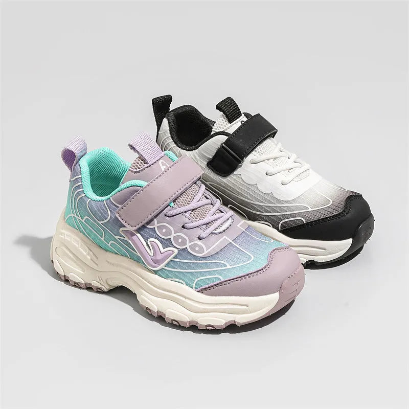 Children's black and purple striped lace-up sports shoes with mesh fabric upper and rubber sole