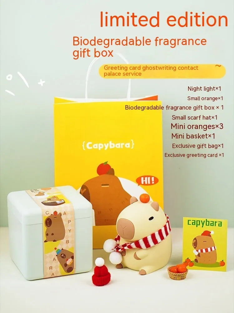 Cute capybara-shaped small night lamp on a table, showing its size and design.