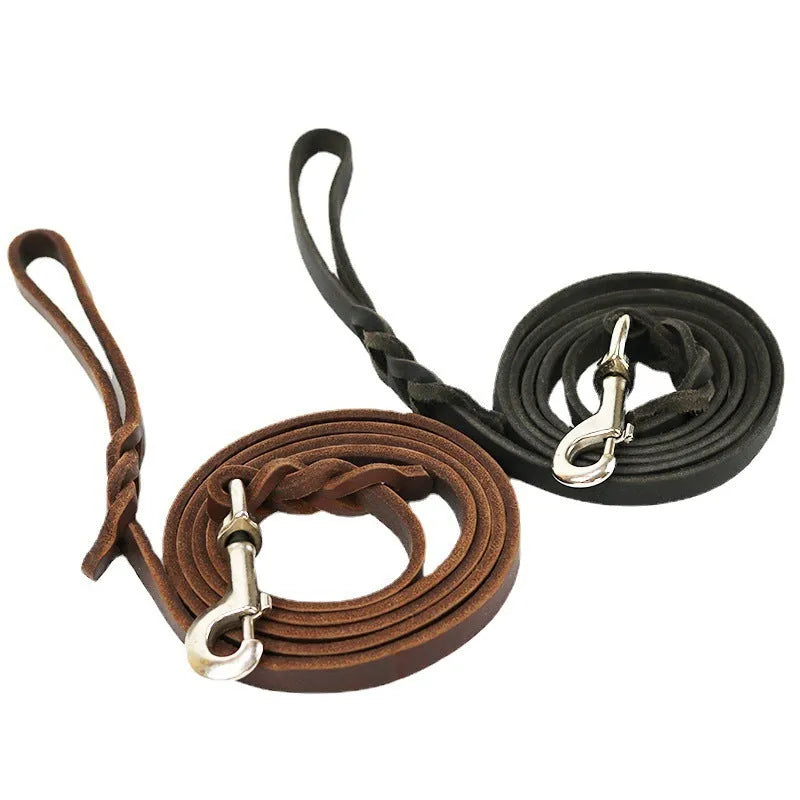 Cowhide leather dog walking rope with leather handle in light brown colour