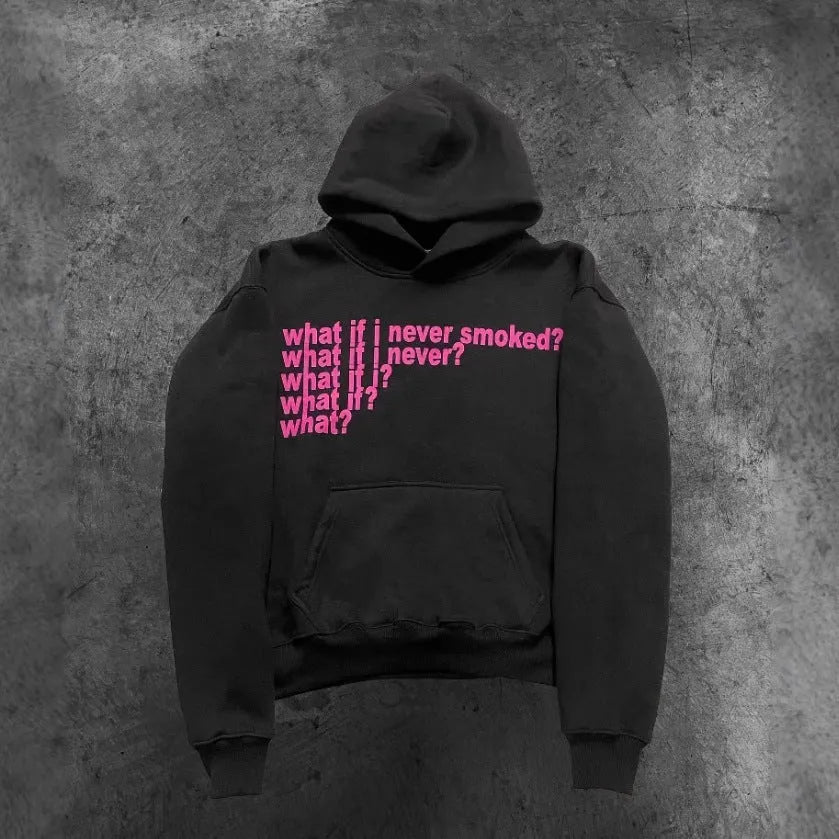 Black heavy hooded sweater with white letter print on chest, shown on a model.