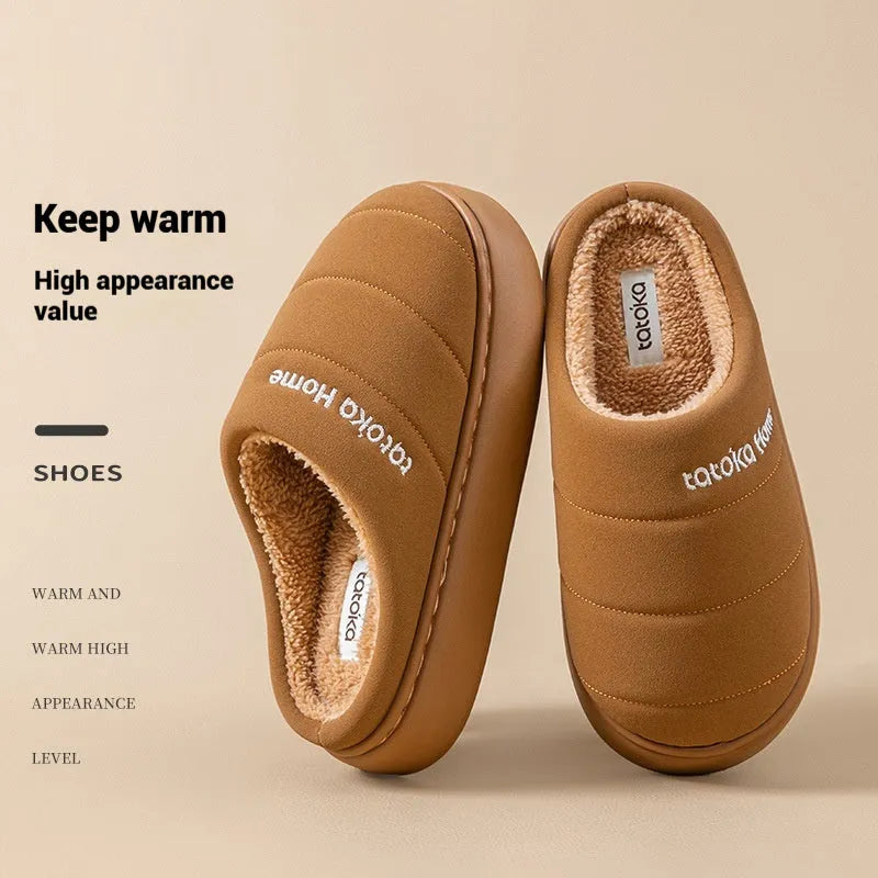 New cotton waterproof fleece lined non-slip platform slippers with EVA sole in khaki colour, flat heel 3.0 cm