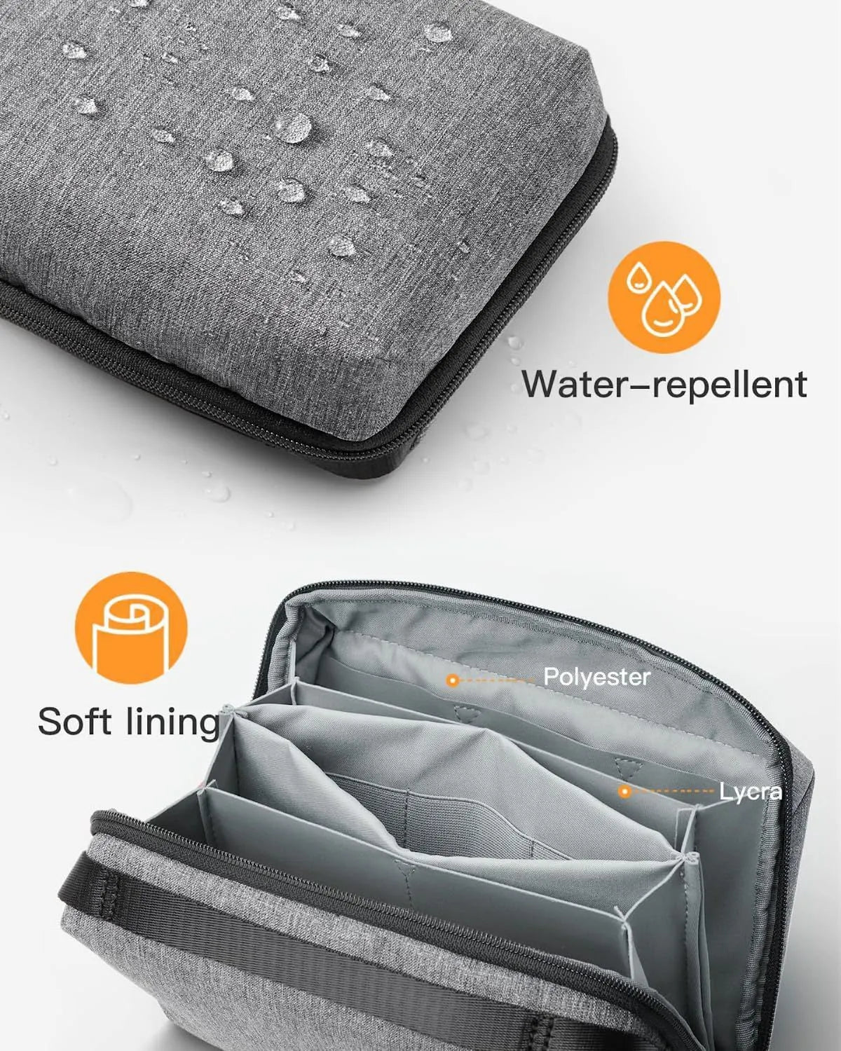 Grey polyester cylindrical storage bag for data cables and small electronics with sealing closure