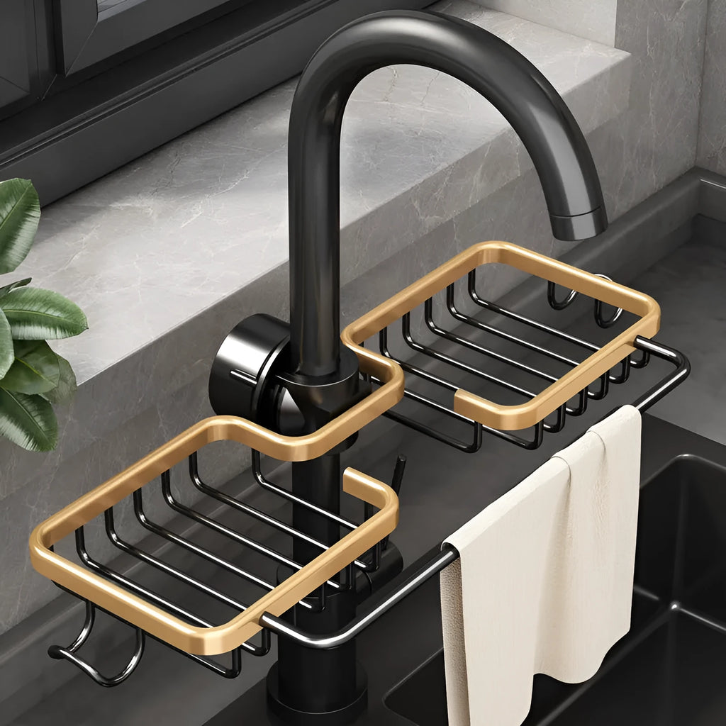 Kitchen faucet rack drain basket in silver, no drilling space aluminium storage