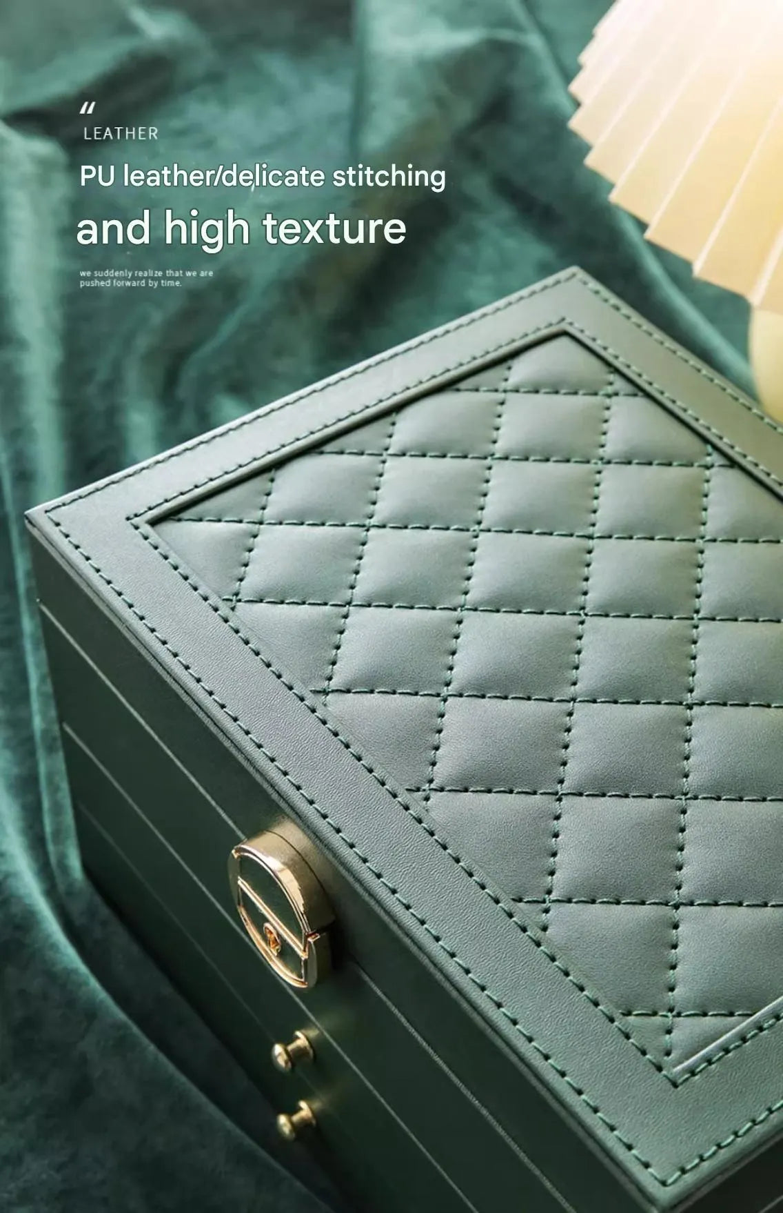 Leather jewellery storage box with three drawers open showing removable dividers and satin lining in four colour options