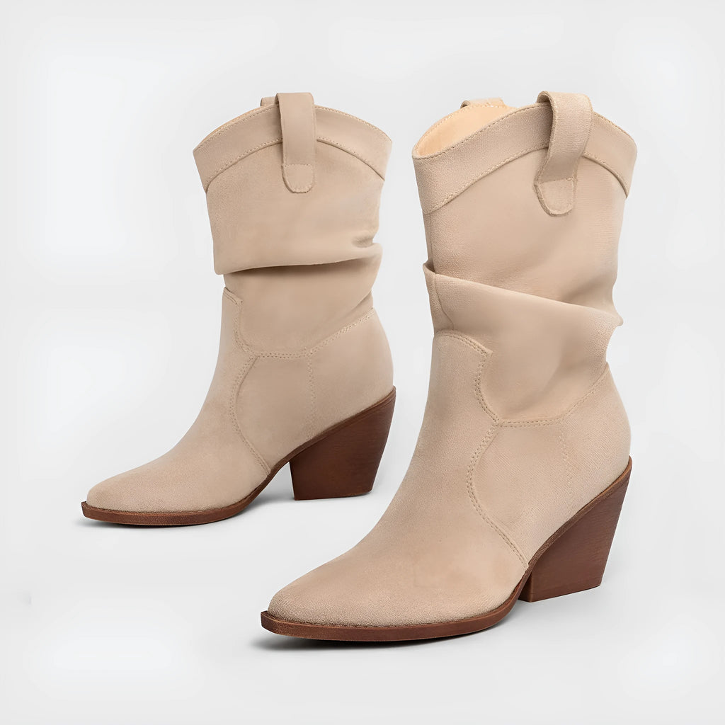 Brown thick heel women's ankle boots with pointed toe and belt buckle