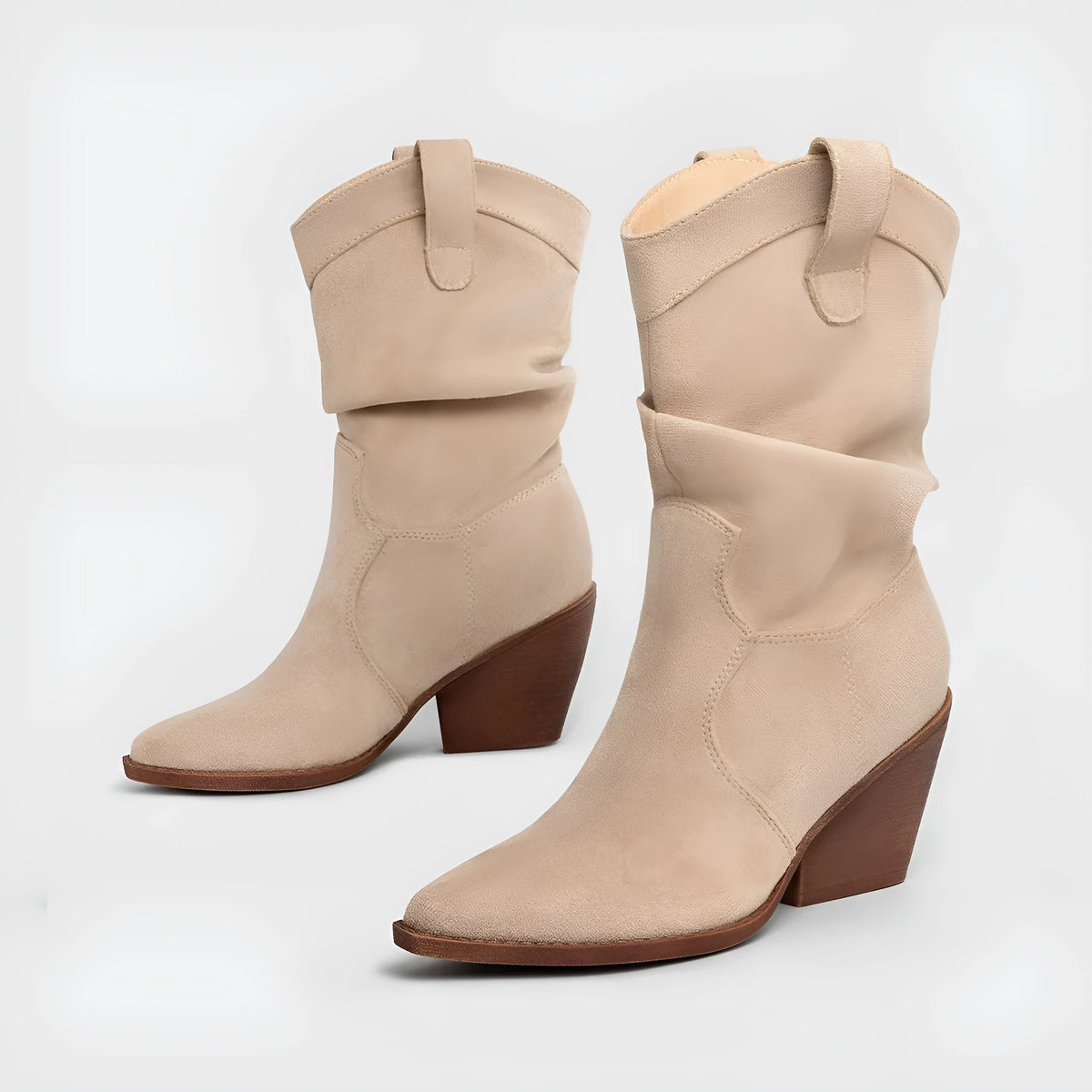 Brown thick heel women's ankle boots with pointed toe and belt buckle