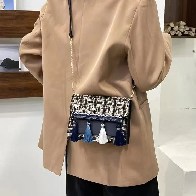 Ethnic-style PU shoulder bag with horizontal square shape, polyester lining, shown in blue, black or beige