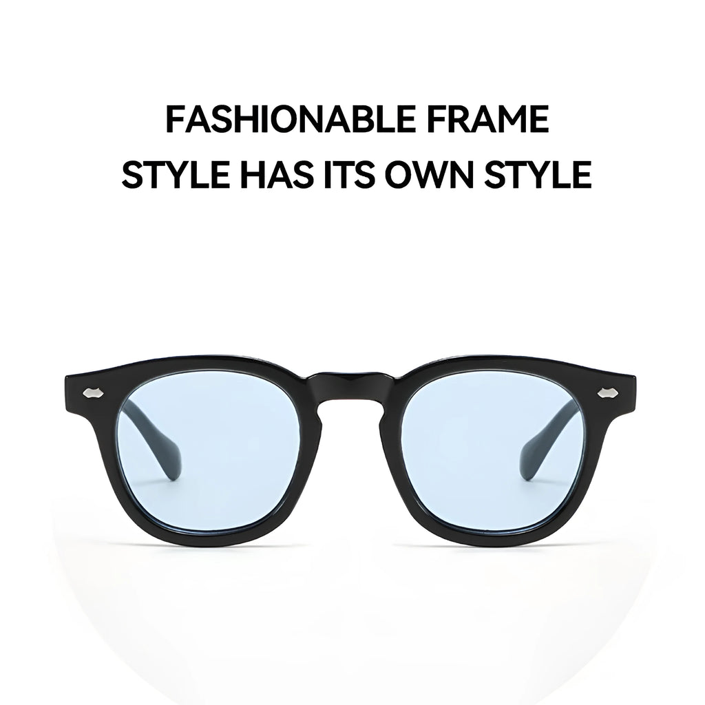 Round rim retro sunglasses with plastic frame and UV400 lenses in multiple colour options on a plain background