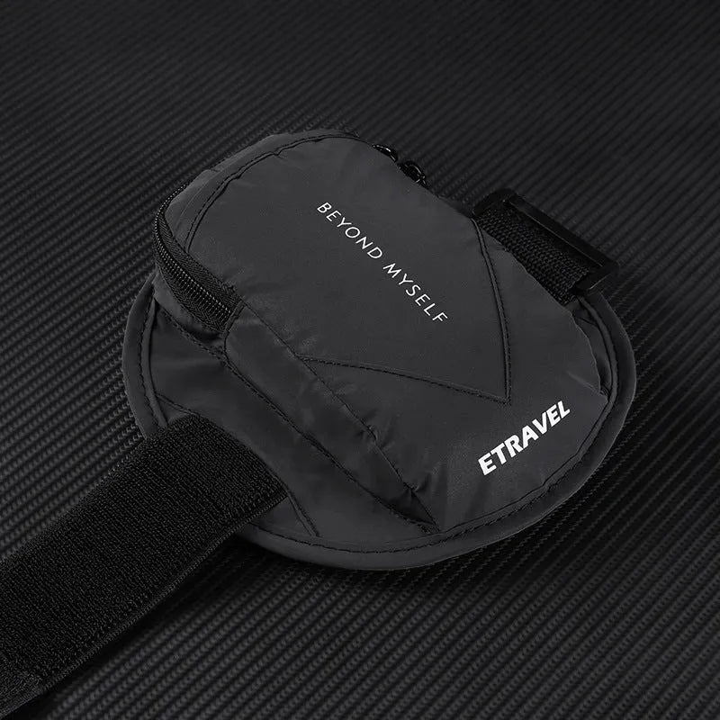 Black reflective running arm bag with adjustable strap, shown holding a mobile phone.