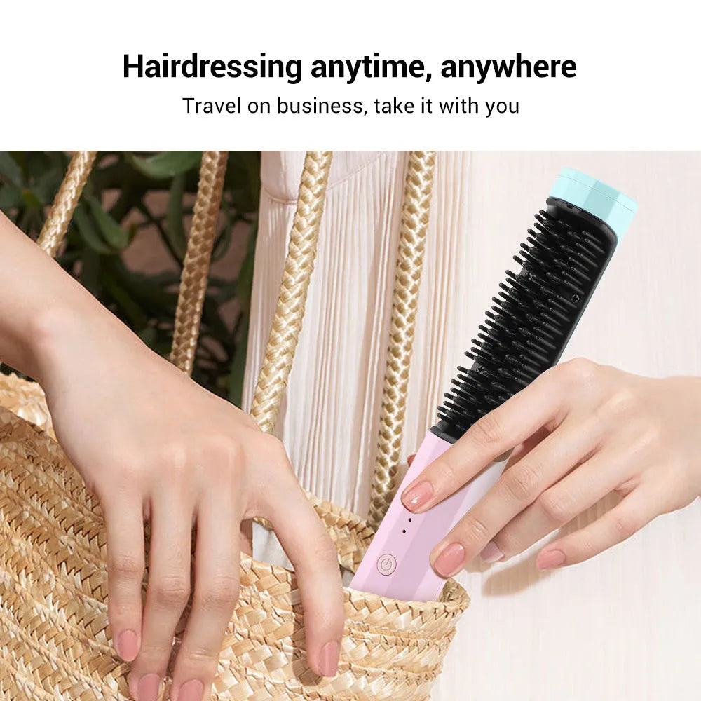 Pink cordless straightening comb with nylon bristles and USB charging port