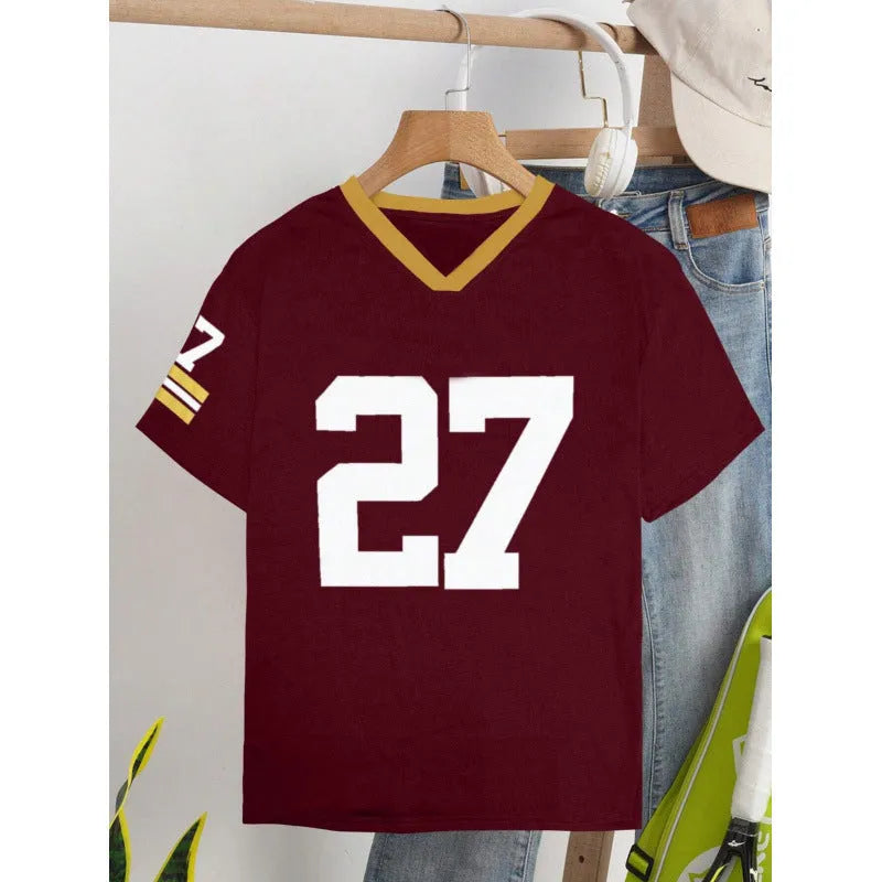 Red loose fit cotton t-shirt with printed letter pattern and short sleeves