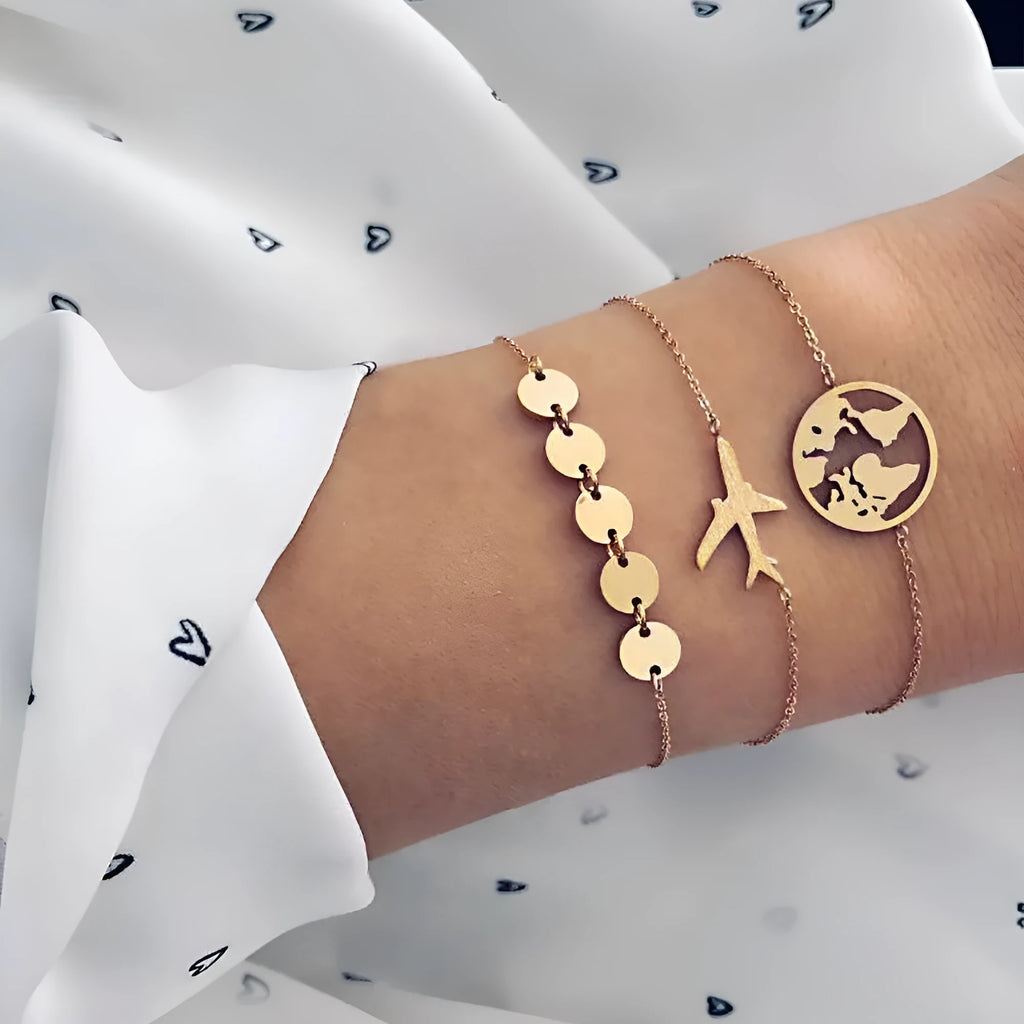 Women's three-piece bohemian aircraft map charm bracelet set with heart-shaped alloy charms