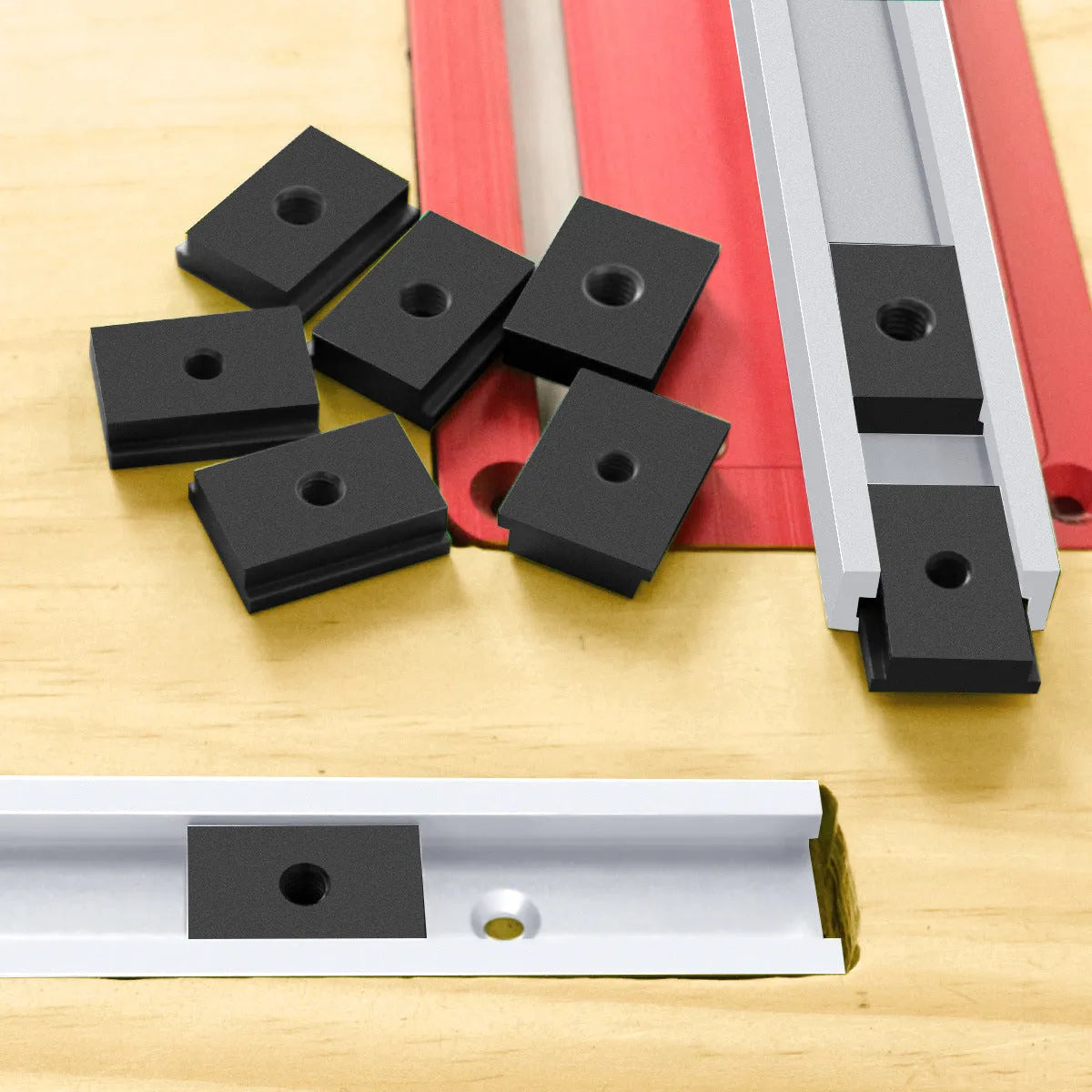 Aluminium alloy M6 and M8 sliding chute slider set for woodworking T-slot tracks in black, silver, blue, and red.