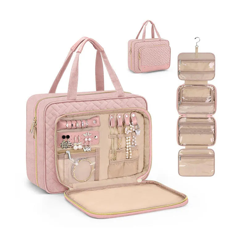 Waterproof polyester hanging cosmetic storage bag in pink colour showing dimensions