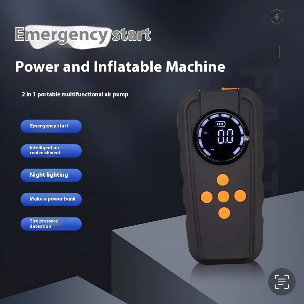 Portable 12V 6-in-1 emergency air pump integrated machine with lighting and tyre pressure gauge