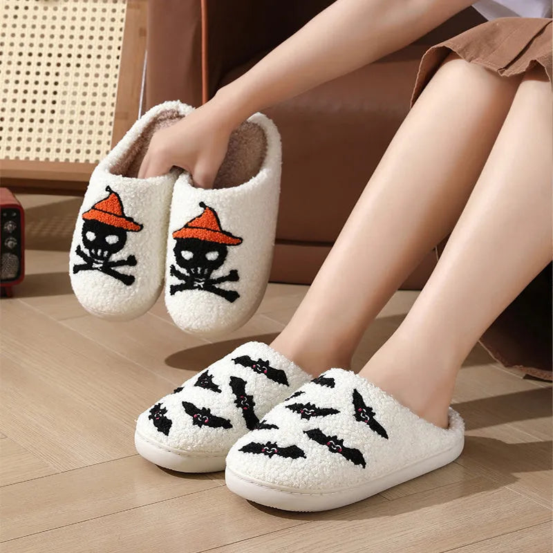 Halloween skull rose slippers with thickened plush upper and TPR sole, white background