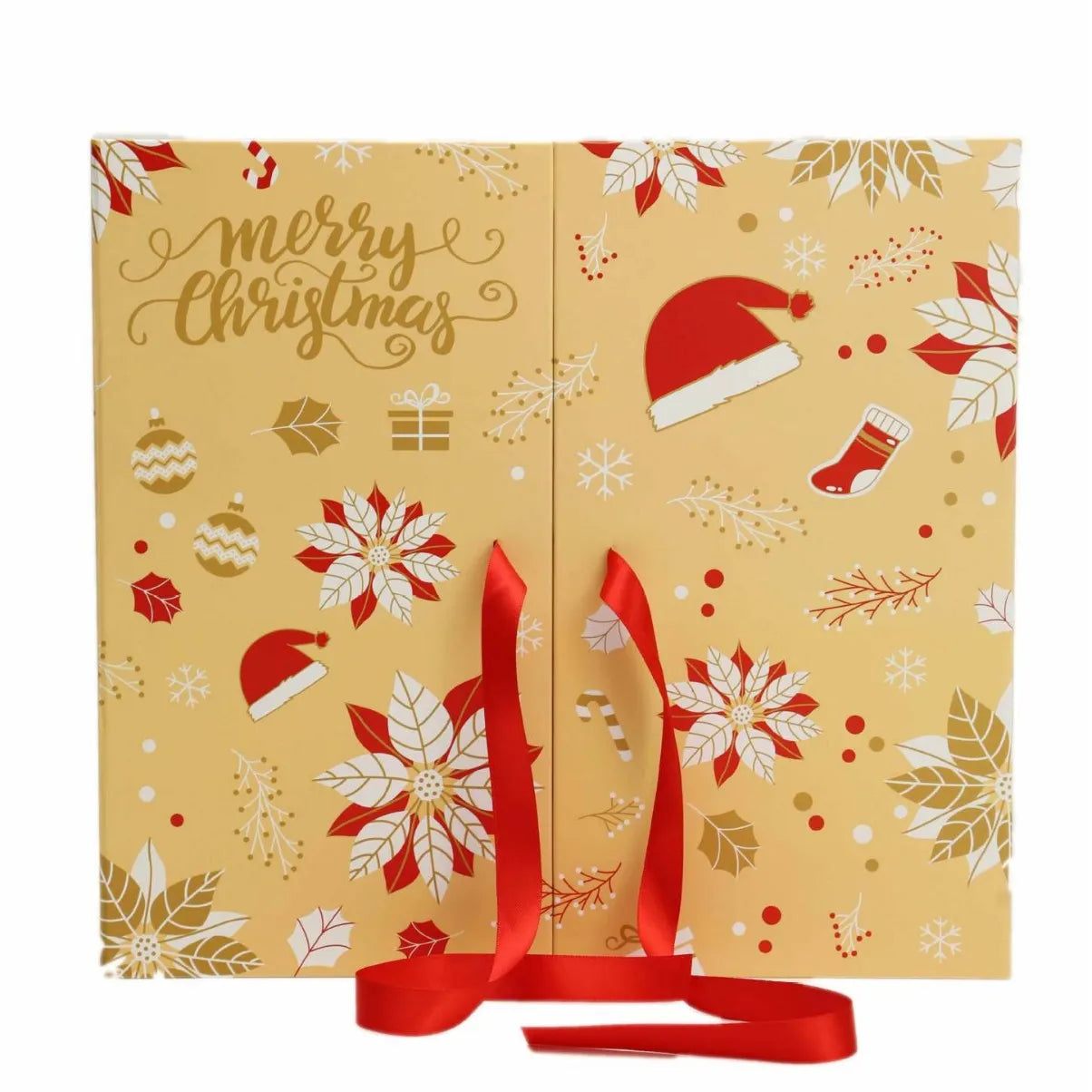 Yellow double door countdown calendar Christmas gift box with oil painting style print, 33x30x8cm, on grey cardboard