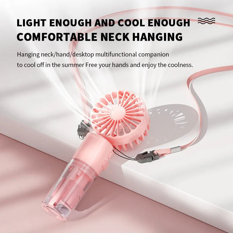 Handheld misting fan with transparent water tank showing multiple colour options including black, white, and pink