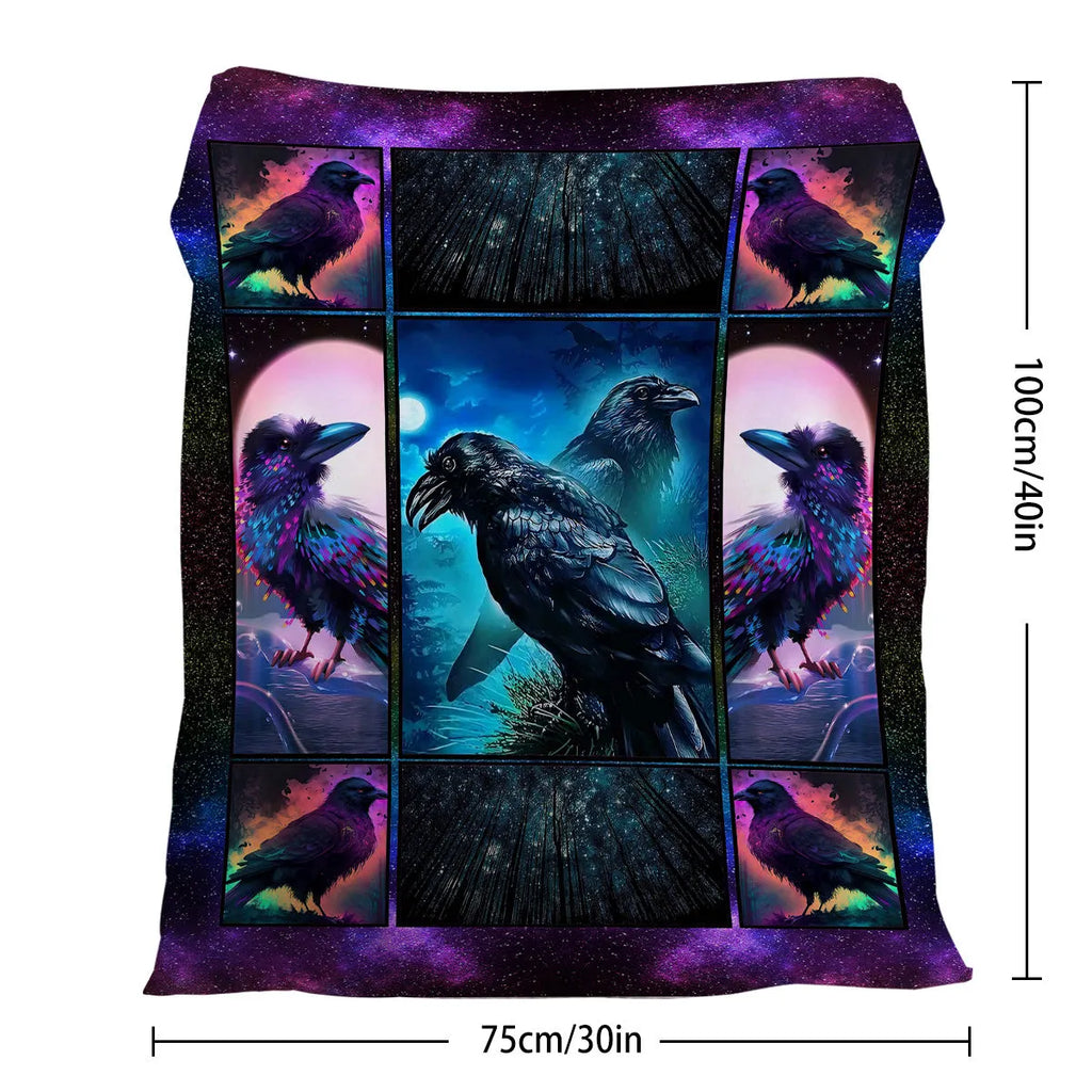 Colorful raven print flannel blanket in soft velvet, available in 75x100cm, 130x150cm, and 150x200cm sizes.