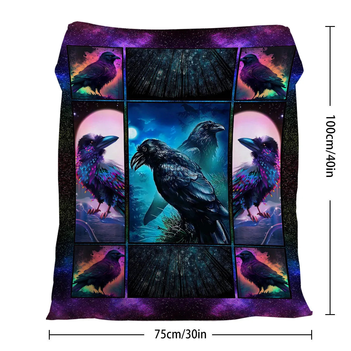 Colorful raven print flannel blanket in soft velvet, available in 75x100cm, 130x150cm, and 150x200cm sizes.