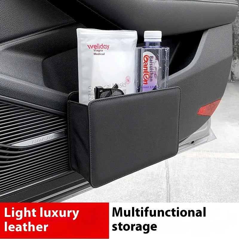 Leather car door container trash can in black, 20.5cm wide, with hanging design for door pocket storage