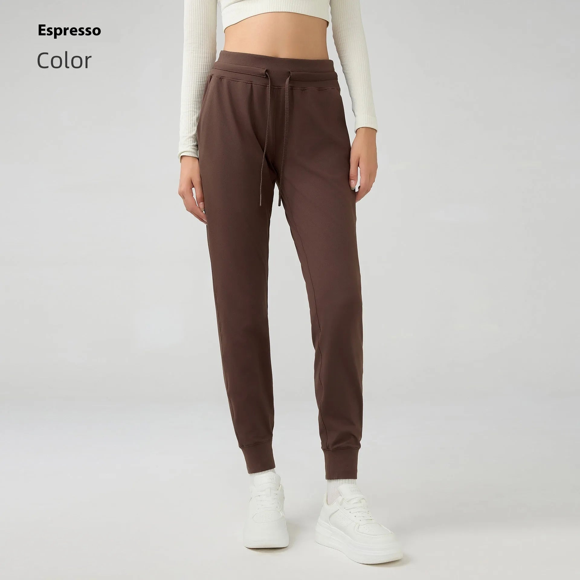 Women's high waist yoga pants with drawstring in distilled coffee colour