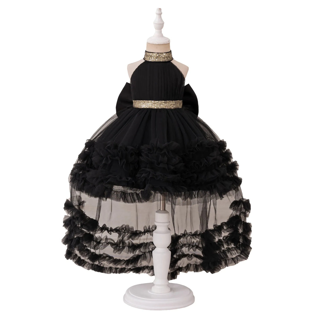 Girls evening dress with mesh pleated pettiskirt in white, black, purple, avocado green, bean pink, purplish red or dark green