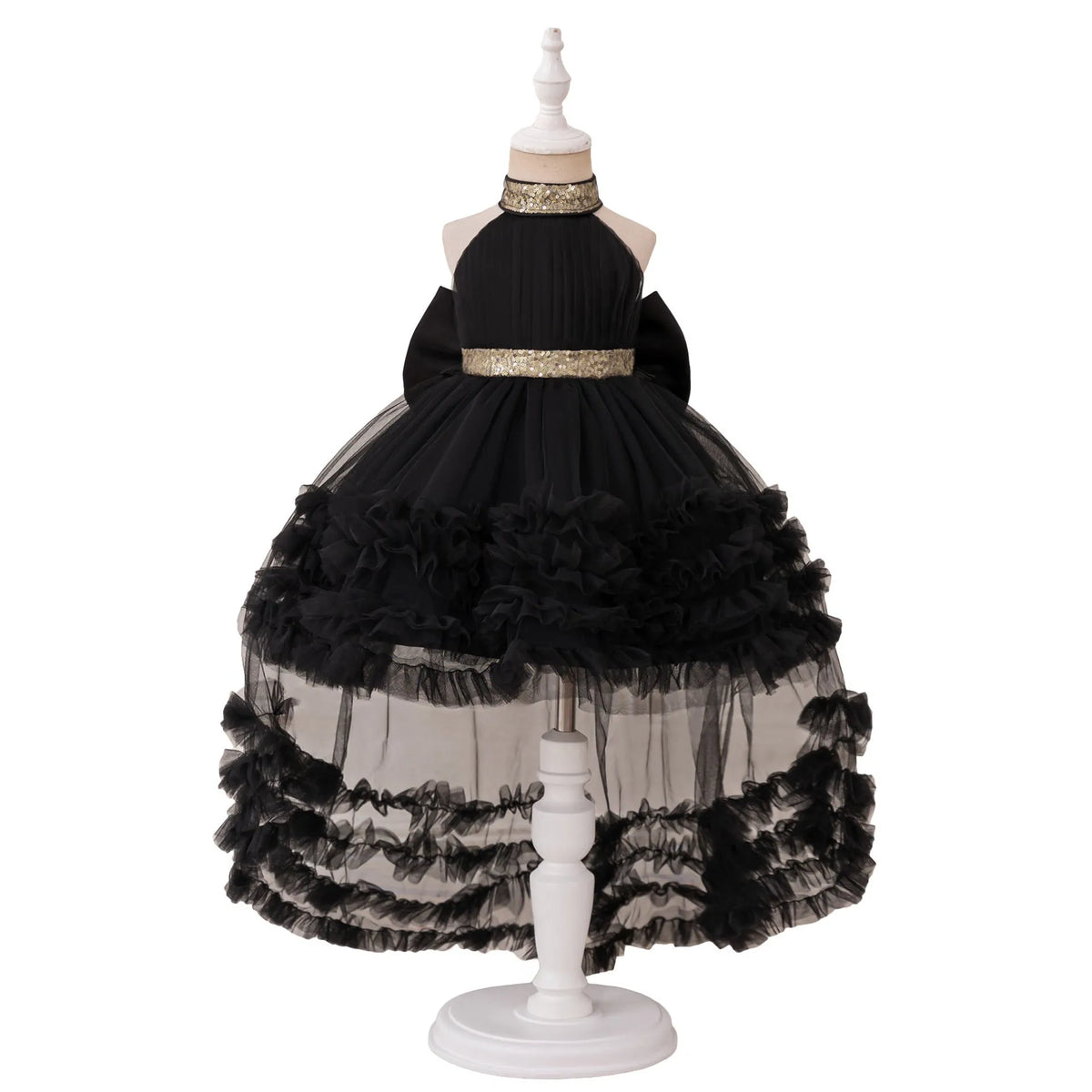 Girls evening dress with mesh pleated pettiskirt in white, black, purple, avocado green, bean pink, purplish red or dark green