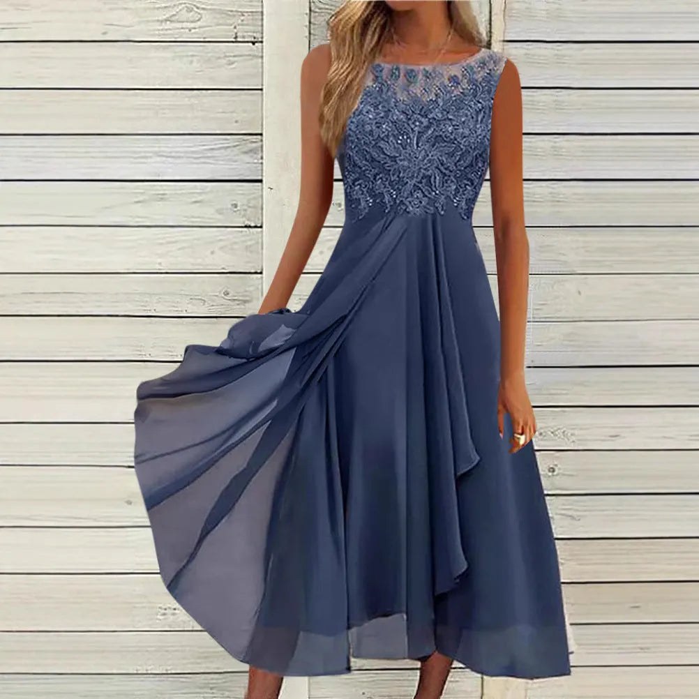 Women's sleeveless green chiffon dress with white lace hollow-out detail, mid-length skirt.
