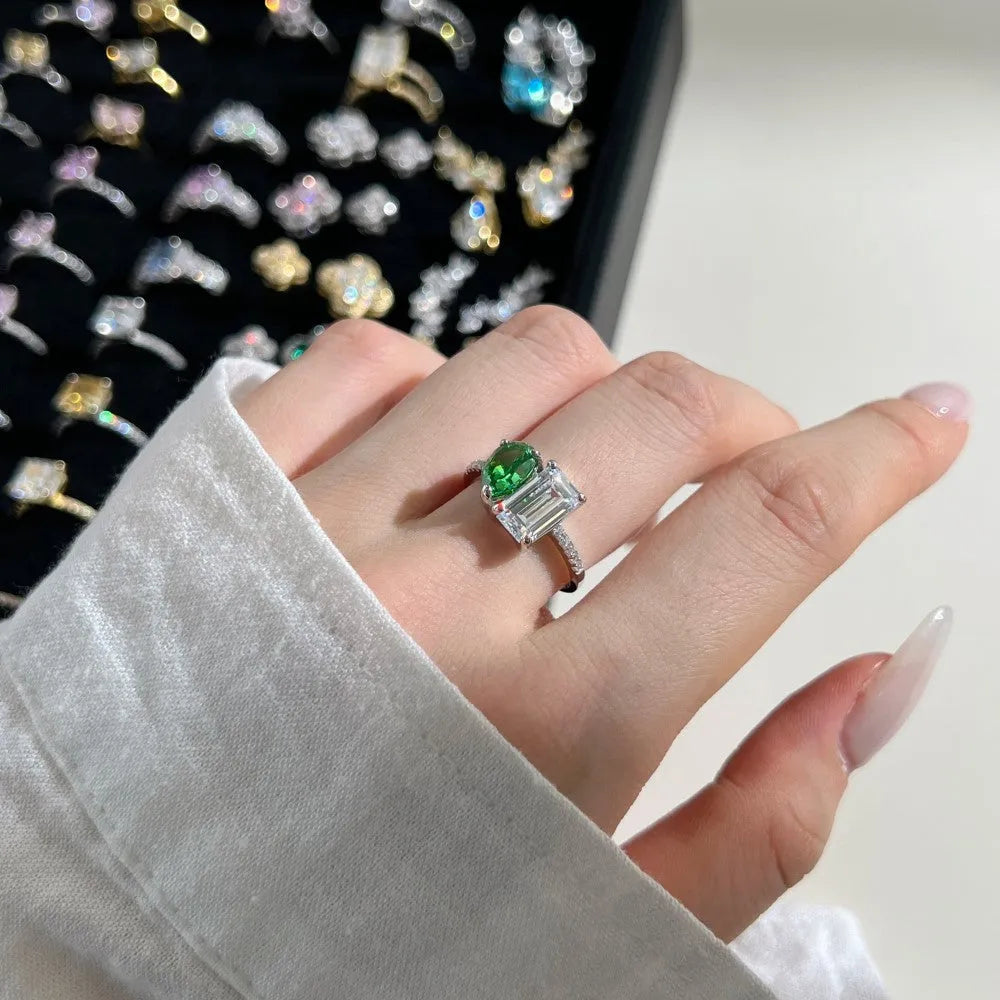 S925 sterling silver double main stone ring for women, geometric shape, sizes 6 to 9